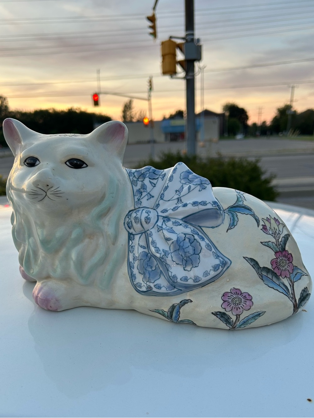 Vintage WBI Ceramic Cat Figurine with Blue Floral Bow